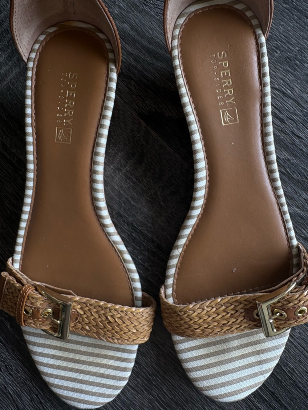 Sperry Tan Braided Ankle-Strap Sandals with Striped Toe - Picture 2 of 14